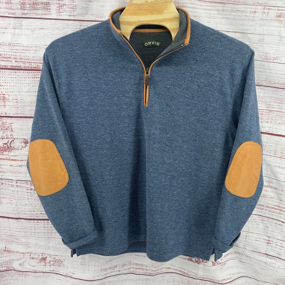 Orvis Sweater Mens XL Blue Quarter Zip Pullover Leather Elbow Patches Trim